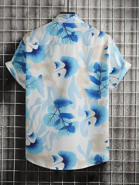 White and Blue Rose Pattern Printed Cotton Shirt Half Sleeves for Men