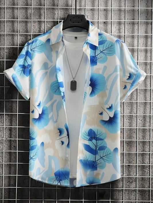White and Blue Rose Pattern Printed Cotton Shirt Half Sleeves for Men