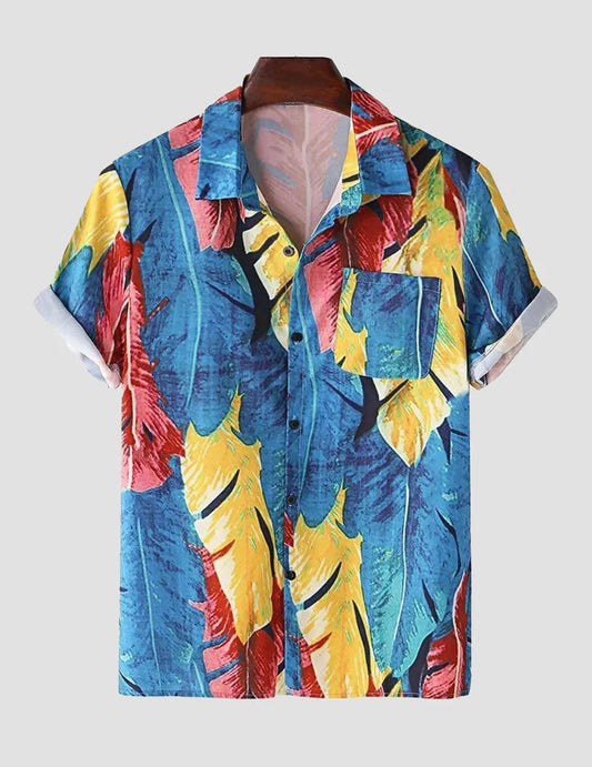 Tropical Leaves Men's Oil Painting Print Bottom Collar Short Sleeve Holiday Beach Shirts Full Stitch roscoe