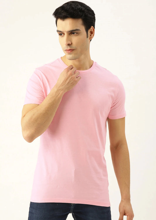 Simple Pink Color Half Sleeve Round Neck Men's Cotton Plain T-Shirt