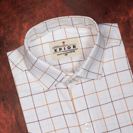 Obliging Men's Full Sleeves Checks Shirt Premium Collection Cotton Fabric White
