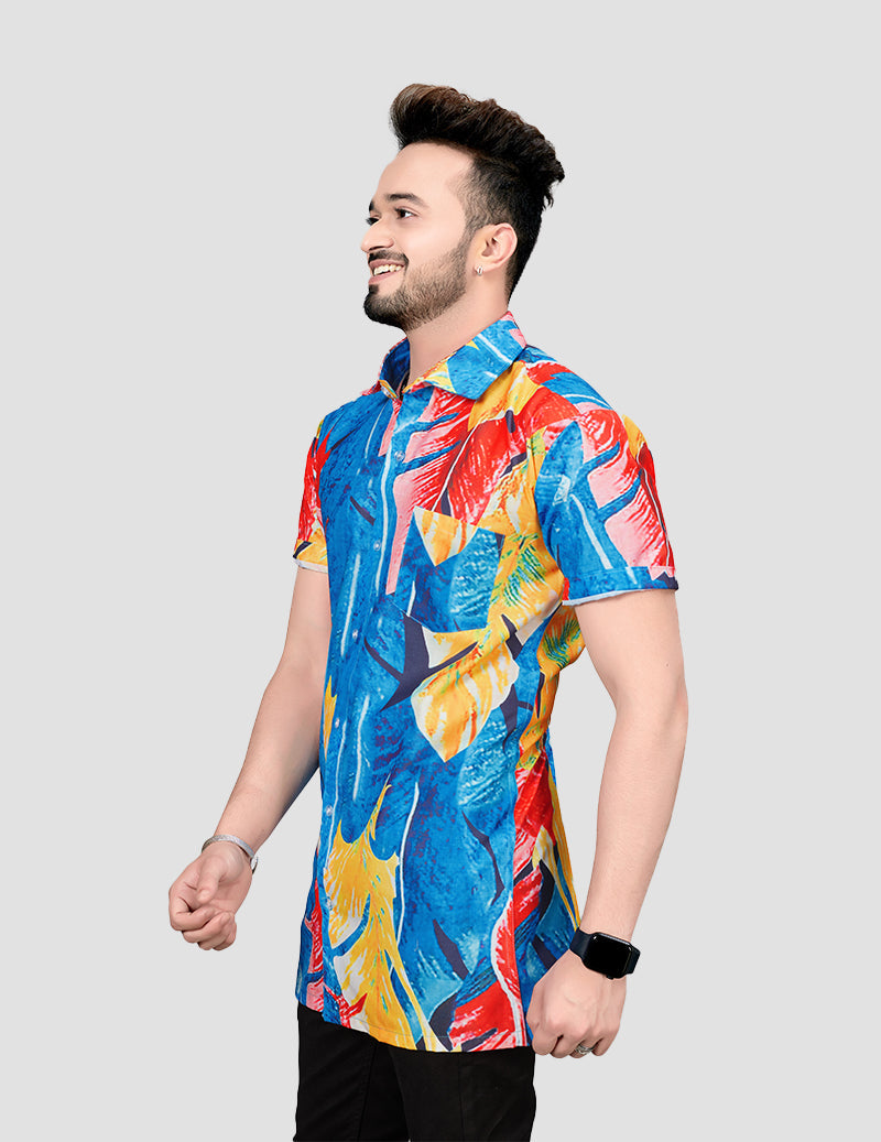 Tropical Leaves Men's Oil Painting Print Bottom Collar Short Sleeve Holiday Beach Shirts Full Stitch roscoe