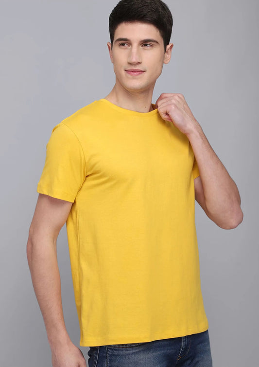Plain Yellow Color Half Sleeve Round Neck Men's roscoe Cotton T-Shirt