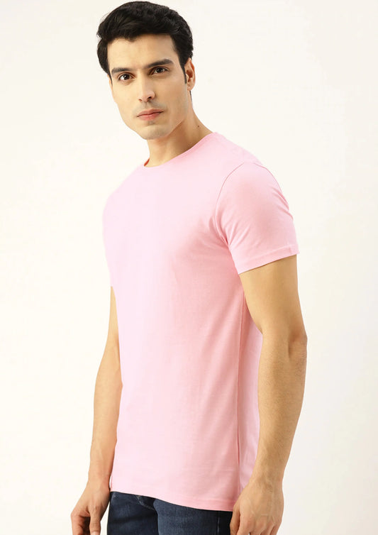 Simple Pink Color Half Sleeve Round Neck Men's Cotton Plain T-Shirt