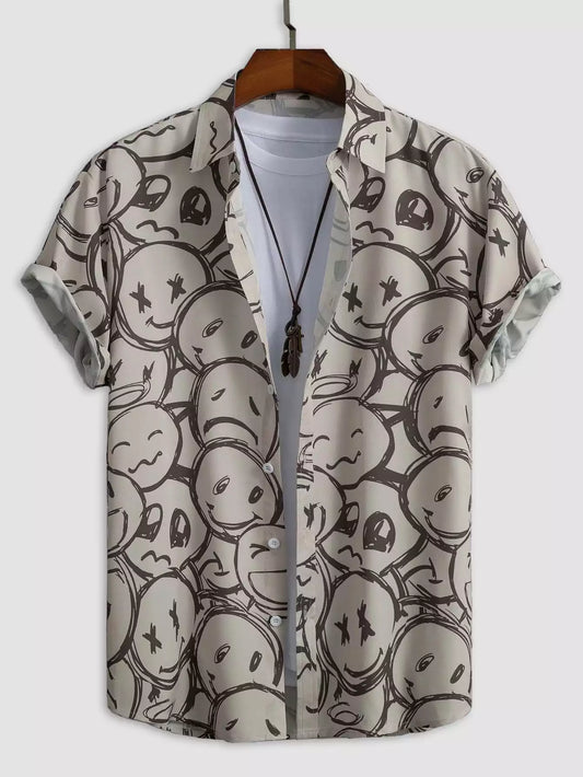 Gray and White Emoji Design Beach and casual Multicolor Printed Shirt Cotton Material Half Sleeves Mens roscoe