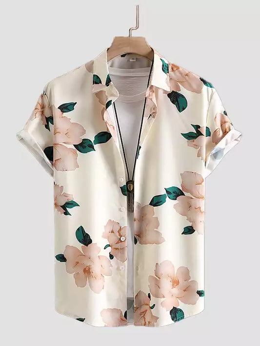 Off White Rose Design Beach and casual Printed Shirt Cotton Material Half Sleeves Mens