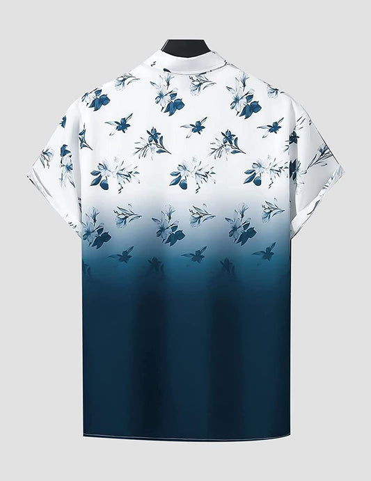 Blue and White Flower Design Cotton Material Printed Beach Wear Half Sleeves Shirt for Men