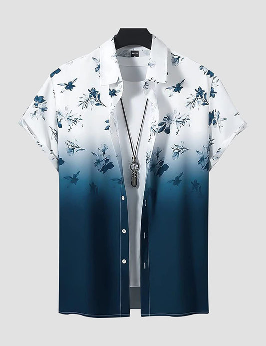 Blue and White Flower Design Cotton Material Printed Beach Wear Half Sleeves Shirt for Men