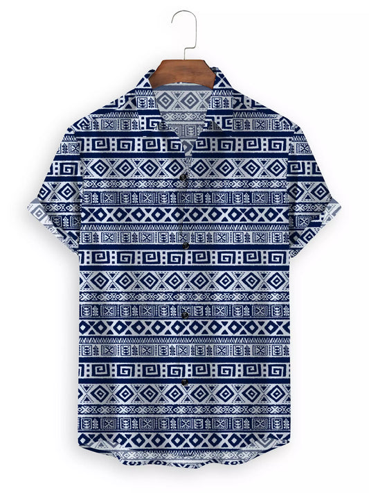 Navy Blue Color Illusion Design Cotton Material Printed Beach Wear Half Sleeves Shirt for Men