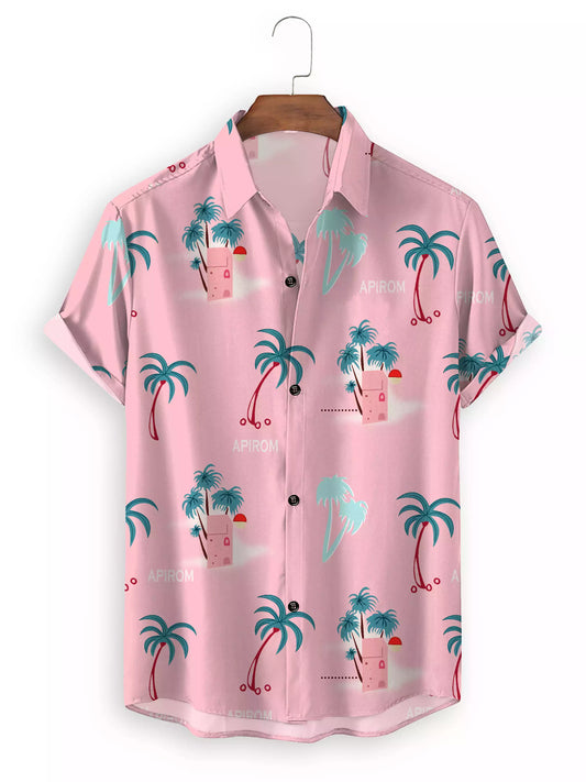 Pink Color Leaves Design Cotton Material Printed Beach Wear Half Sleeves Shirt for Men