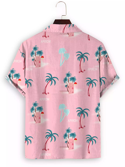 Pink Color Leaves Design Cotton Material Printed Beach Wear Half Sleeves Shirt for Men