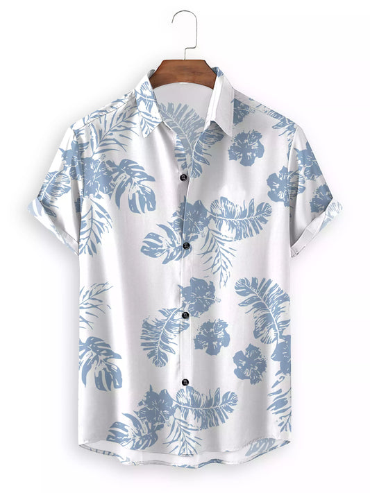 White and Blue Leaves Design Cotton Material Printed Beach Wear Half Sleeves Shirt for Men