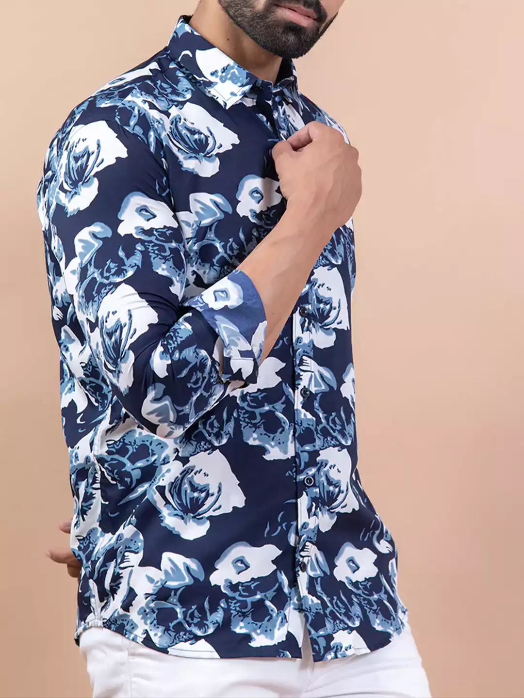 Cotton Half Sleeves Blue Floral Printed Shirt
